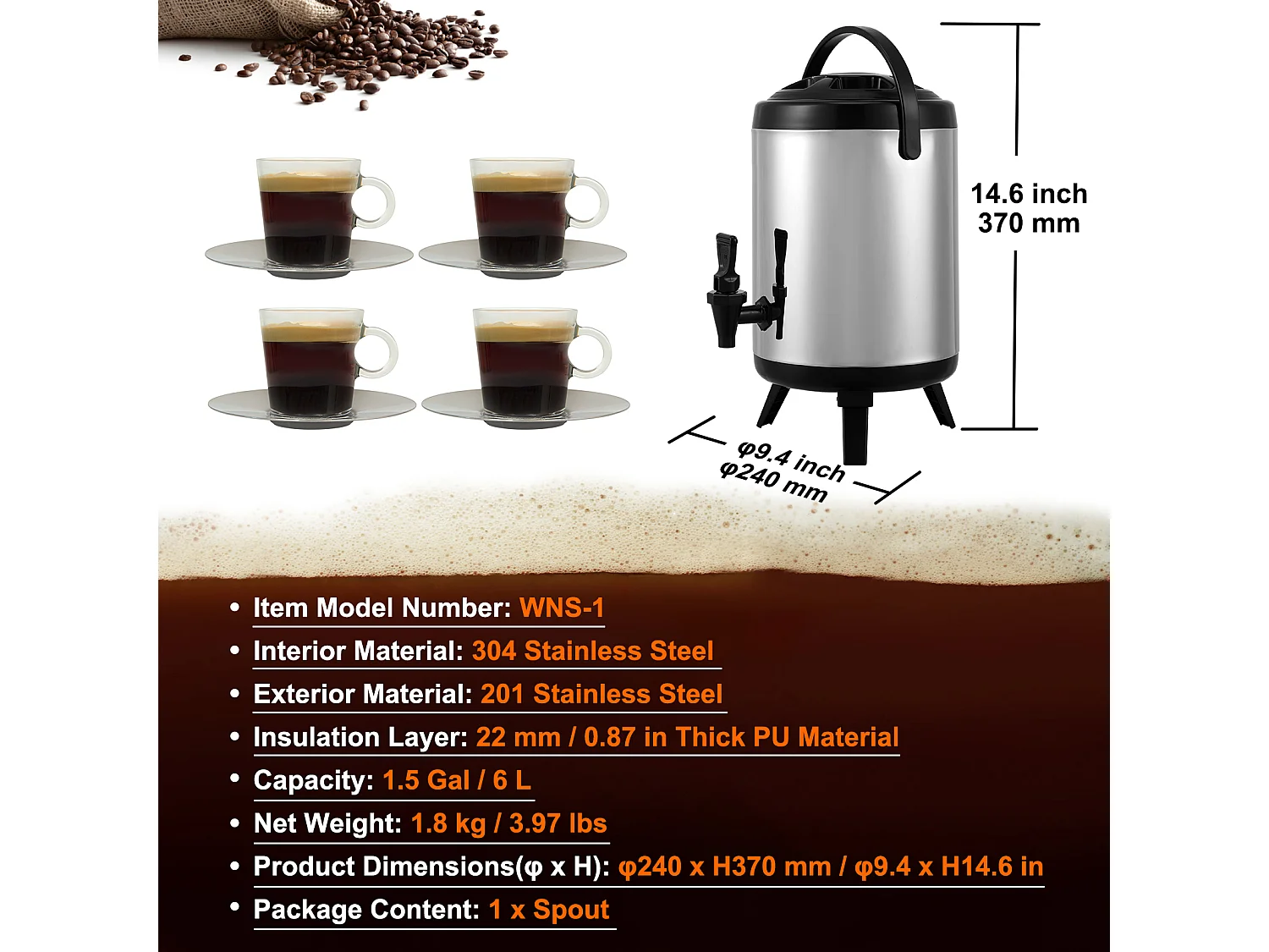 Distributeur SucceBuy de Boissons Chaudes et Froides Isolé 6L en Acier Inoxydable avec Robinet, Qualité Alimentaire pour Restaurants