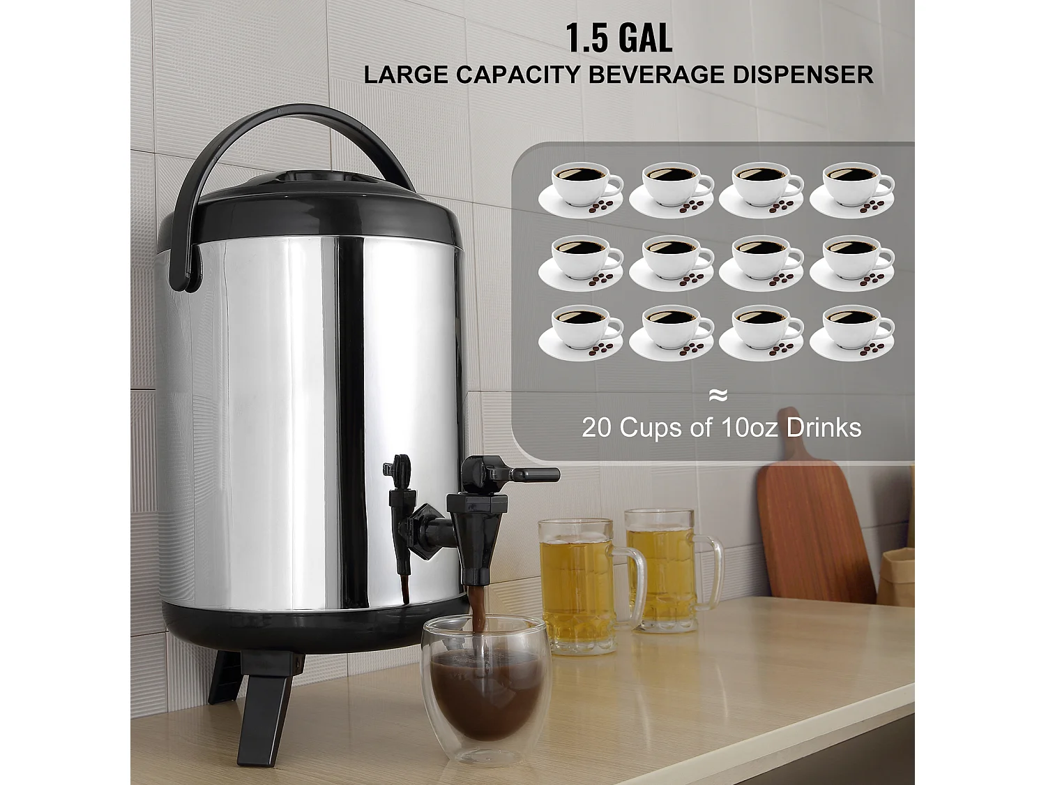 Distributeur SucceBuy de Boissons Chaudes et Froides Isolé 6L en Acier Inoxydable avec Robinet, Qualité Alimentaire pour Restaurants