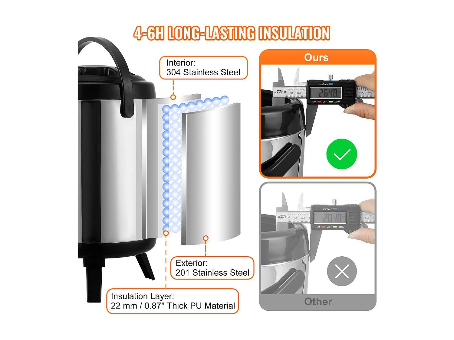 Distributeur SucceBuy de Boissons Chaudes et Froides Isolé 6L en Acier Inoxydable avec Robinet, Qualité Alimentaire pour Restaurants