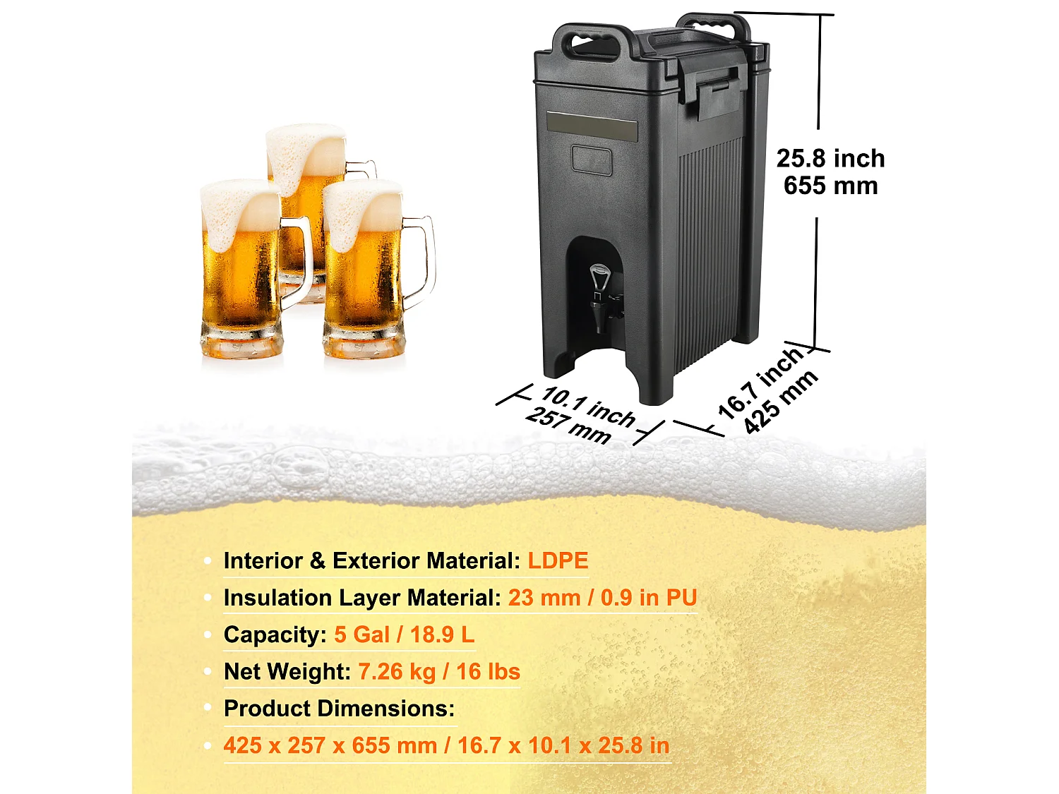 Distribuidor de Bebidas SucceBuy Isotérmico de 19 L LDPE de Qualidade Alimentar, para Restaurante e Loja