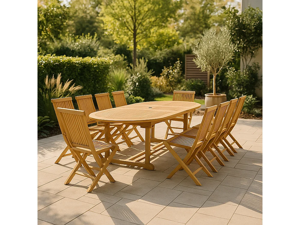 Set da Giardino in Teak Massiccio Ovale Estensibile + 10 Sedie Pieghevoli