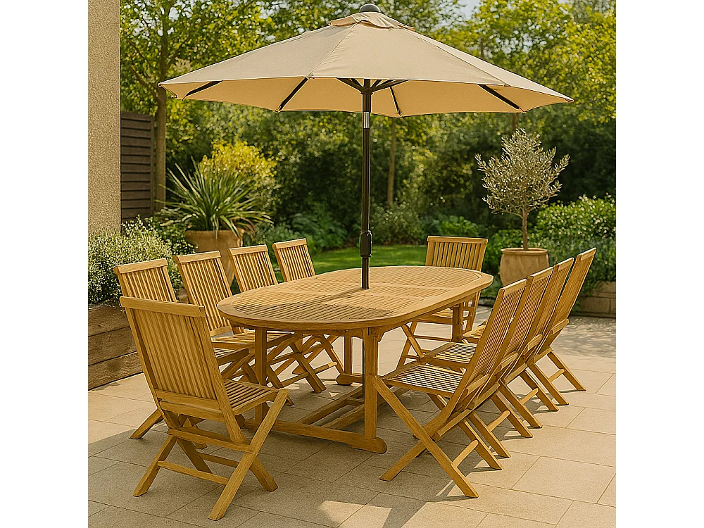 Set da Giardino in Teak Massiccio Ovale Estensibile + 10 Sedie Pieghevoli