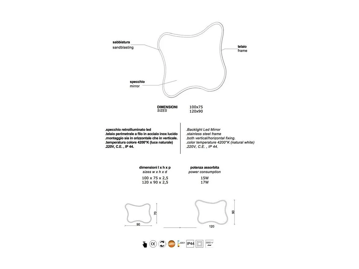 Miroir LED réversible en forme de « Gresham » avec cadre rétroéclairé cm 120x90h