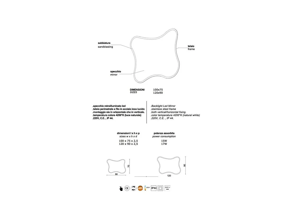 Miroir LED réversible en forme de « Gresham » avec cadre rétroéclairé cm 100x75h