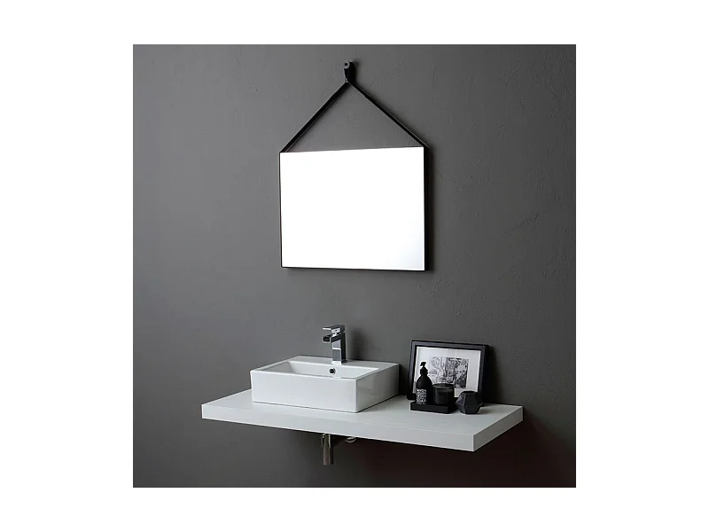Specchio rettangolare design "Hillsboro" cornice con laccio in pelle nera cm 70x50