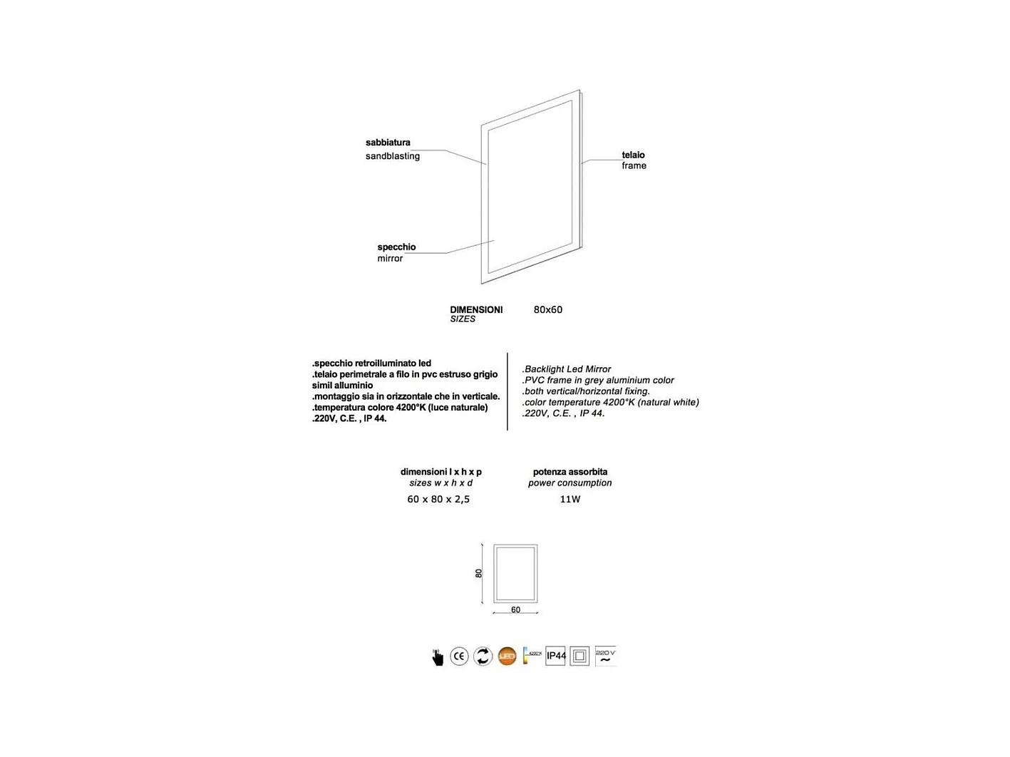 Miroir avec cadre LED "Bend" rectangulaire réversible cm 80x60