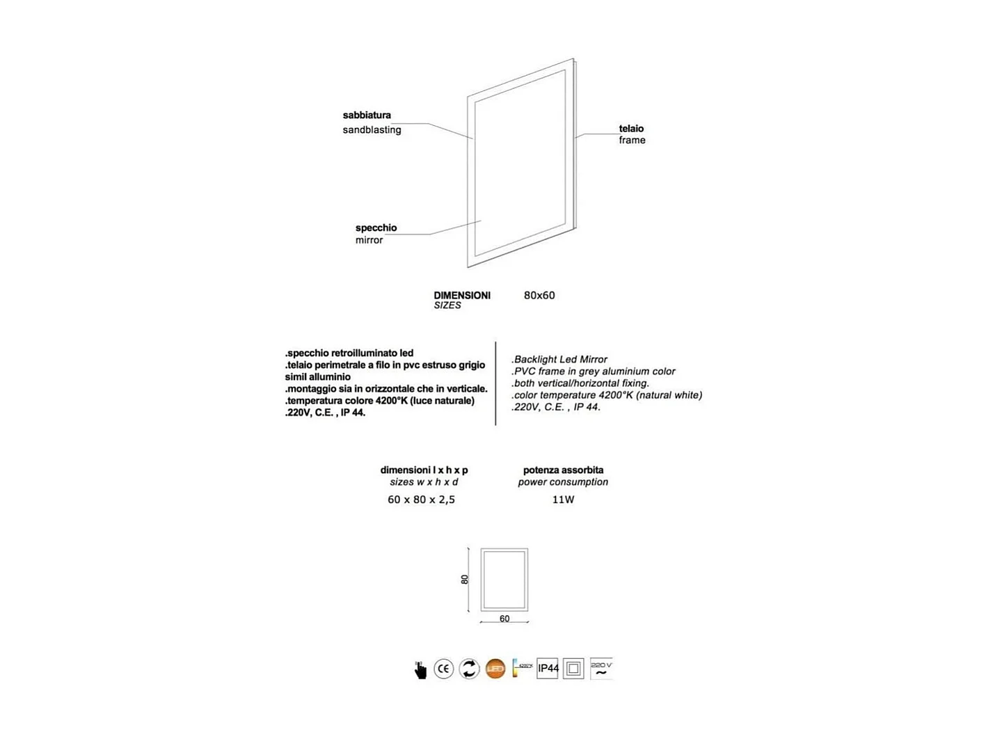 Spiegel met LED-frame "Bend" rechthoekig omkeerbaar cm 80x60