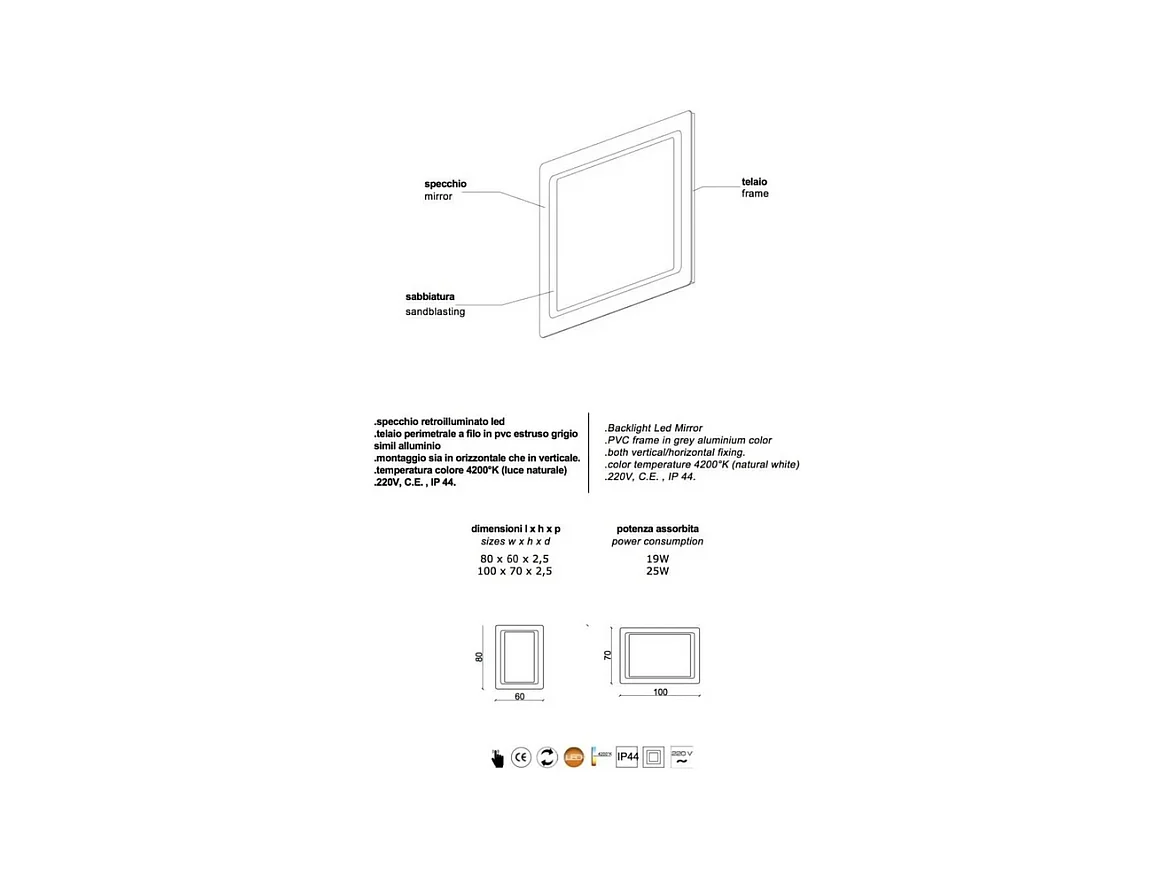 Spiegel mit LED-Rahmen "Portland" rechteckig wendbar cm 100x70h
