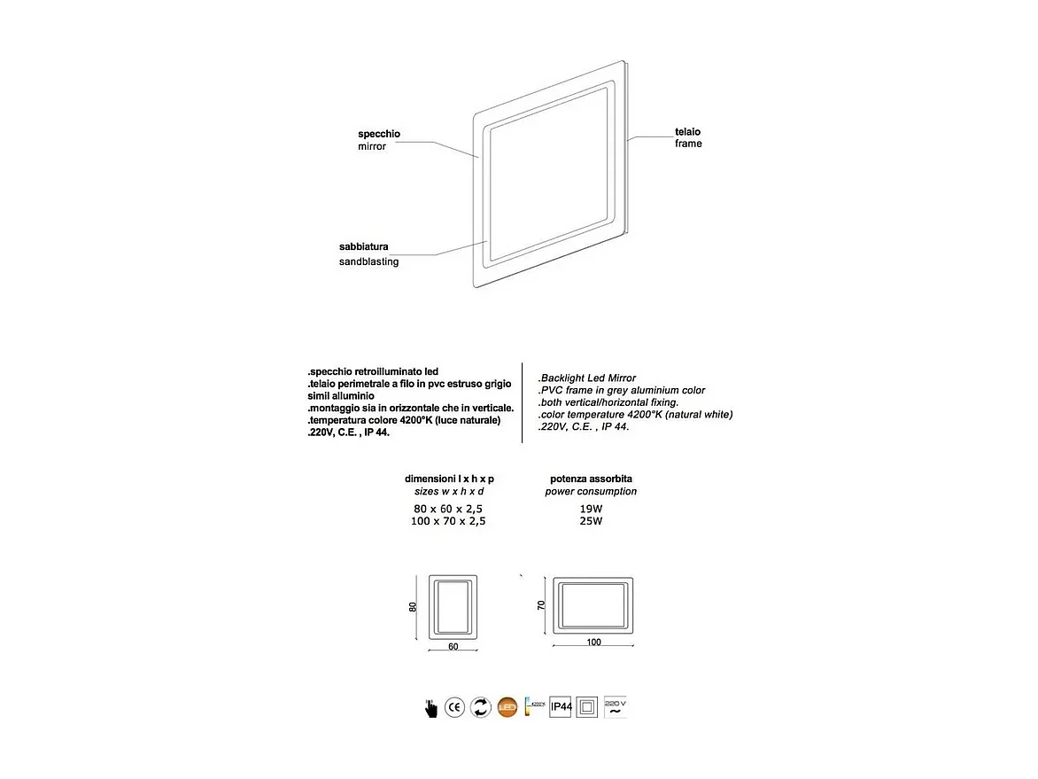 Spiegel mit LED-Rahmen "Portland" rechteckig wendbar cm 100x70h