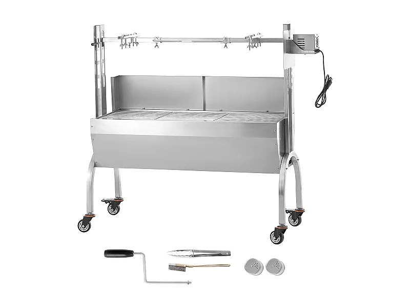 Drehbratengrill SucceBuy Roaster Spit 52W, Schwein, Lamm, Huhn, 90kg, Edelstahl-Bratpfanne mit Feststellbaren Rädern
