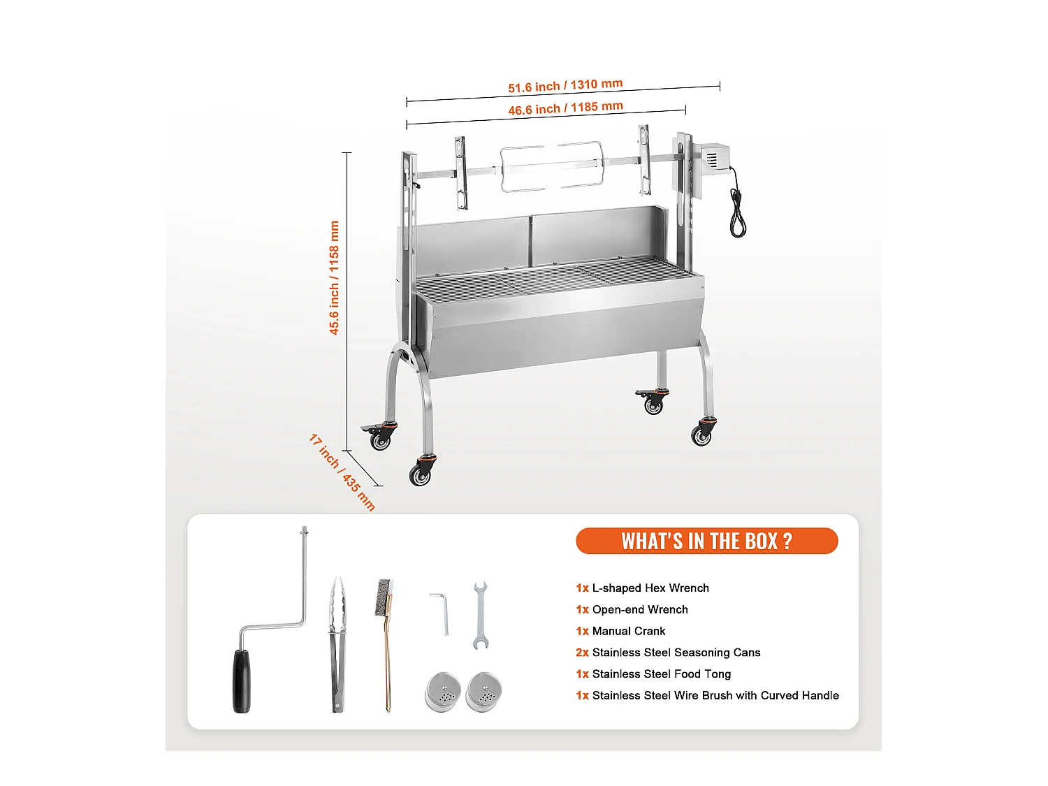 Barbecue à Rôtisserie SucceBuy Roaster Spit 52W, Porc, Agneau, Poulet, 90kg, Rôtissoire en Acier Inoxydable avec Roues Verrouillables