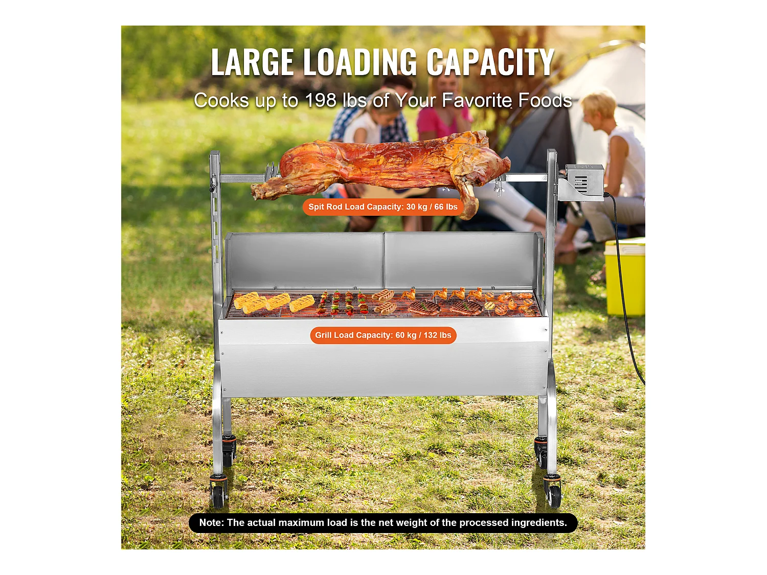 Barbecue à Rôtisserie SucceBuy Roaster Spit 52W, Porc, Agneau, Poulet, 90kg, Rôtissoire en Acier Inoxydable avec Roues Verrouillables