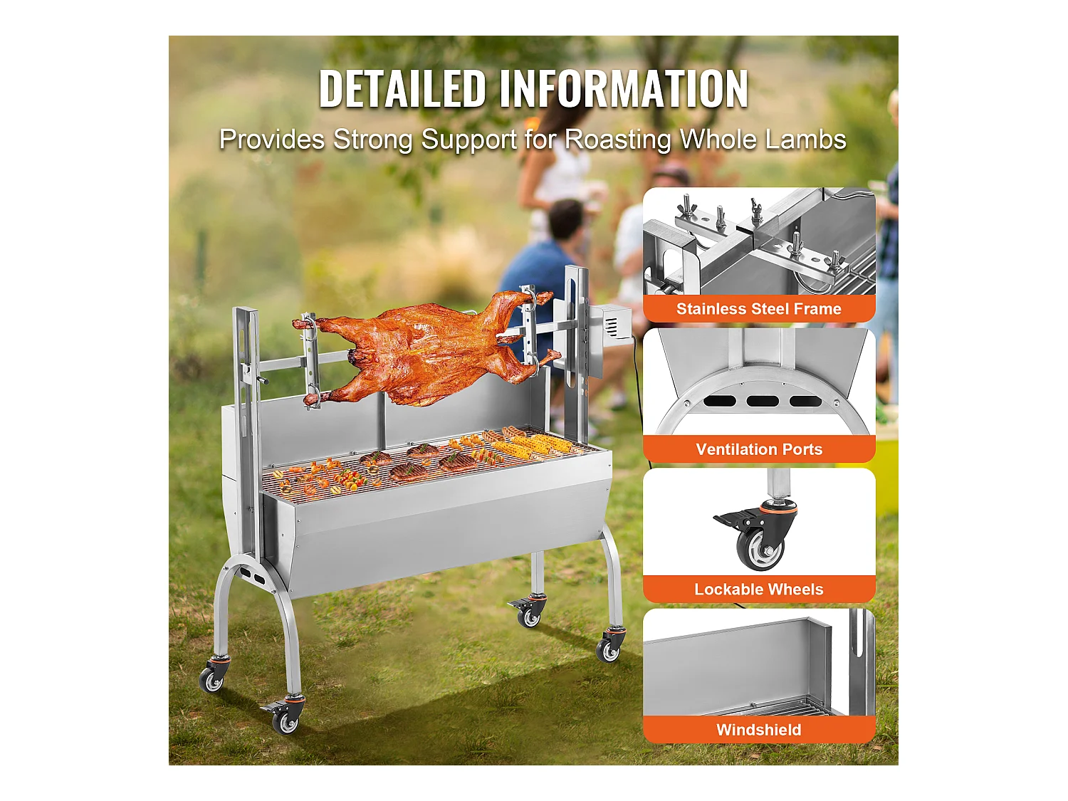 Barbecue à Rôtisserie SucceBuy Roaster Spit 52W, Porc, Agneau, Poulet, 90kg, Rôtissoire en Acier Inoxydable avec Roues Verrouillables