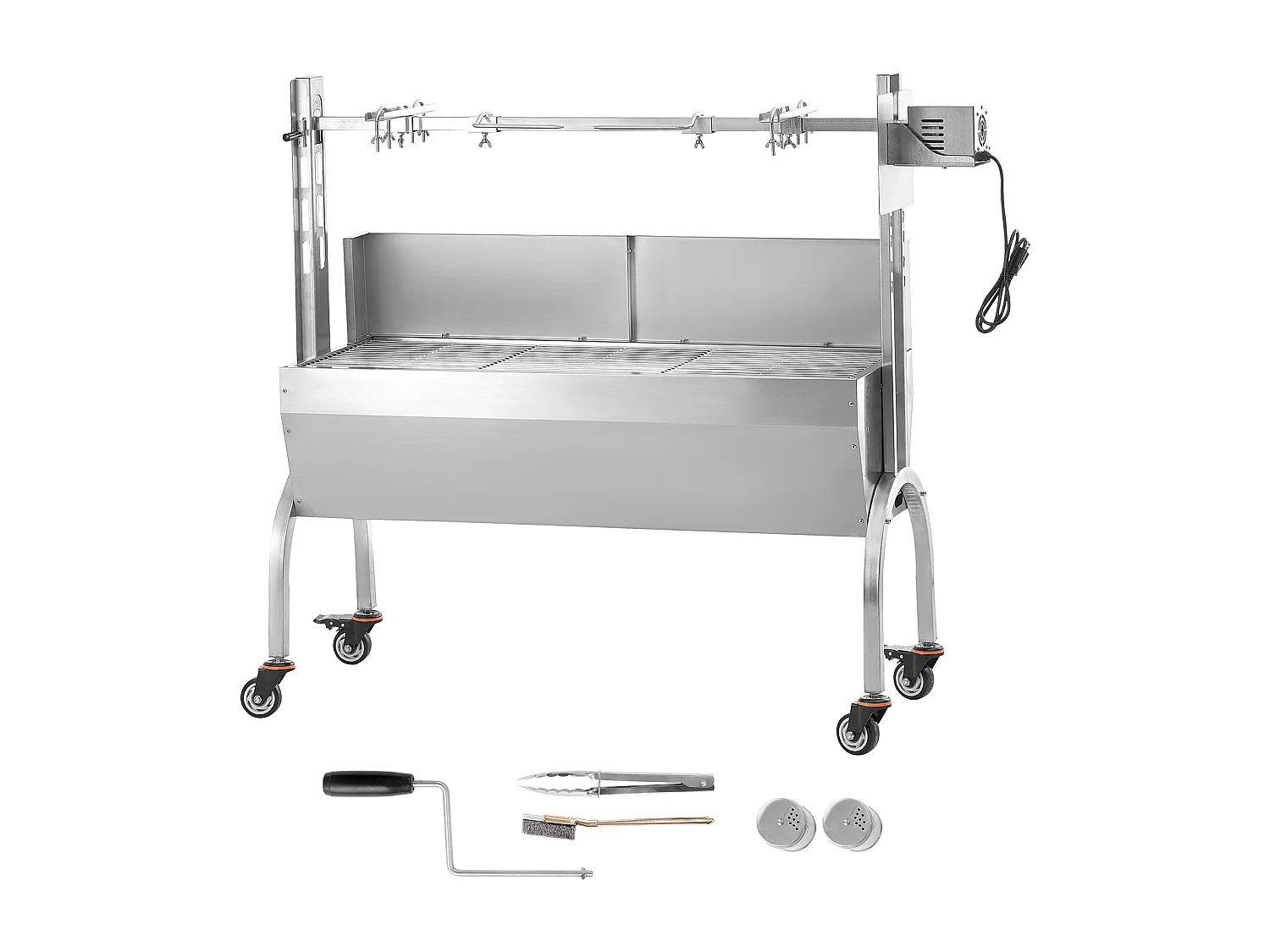 Drehbratengrill SucceBuy Roaster Spit 52W, Schwein, Lamm, Huhn, 90kg, Edelstahl-Bratpfanne mit Feststellbaren Rädern