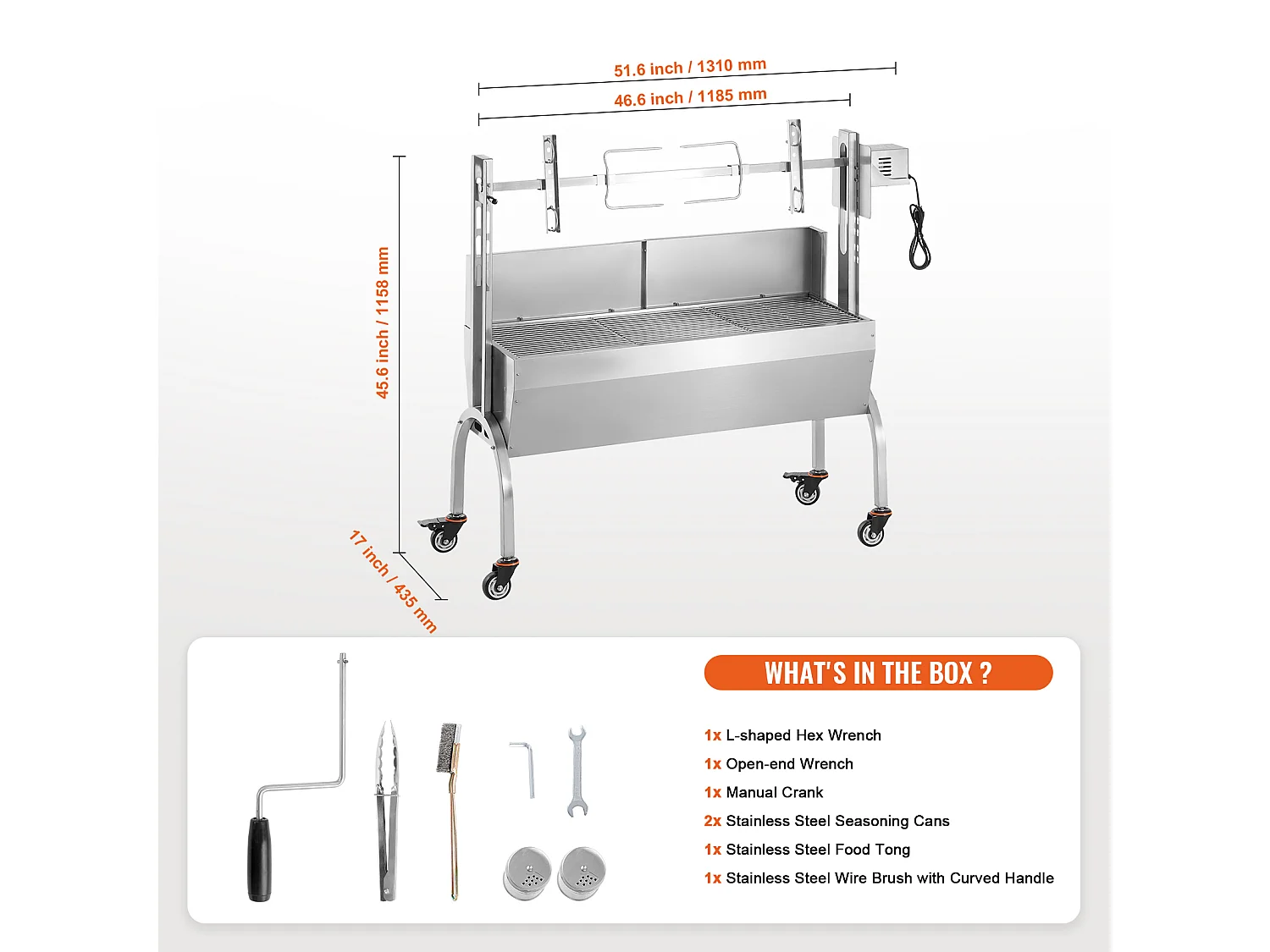 Drehbratengrill SucceBuy Roaster Spit 52W, Schwein, Lamm, Huhn, 90kg, Edelstahl-Bratpfanne mit Feststellbaren Rädern