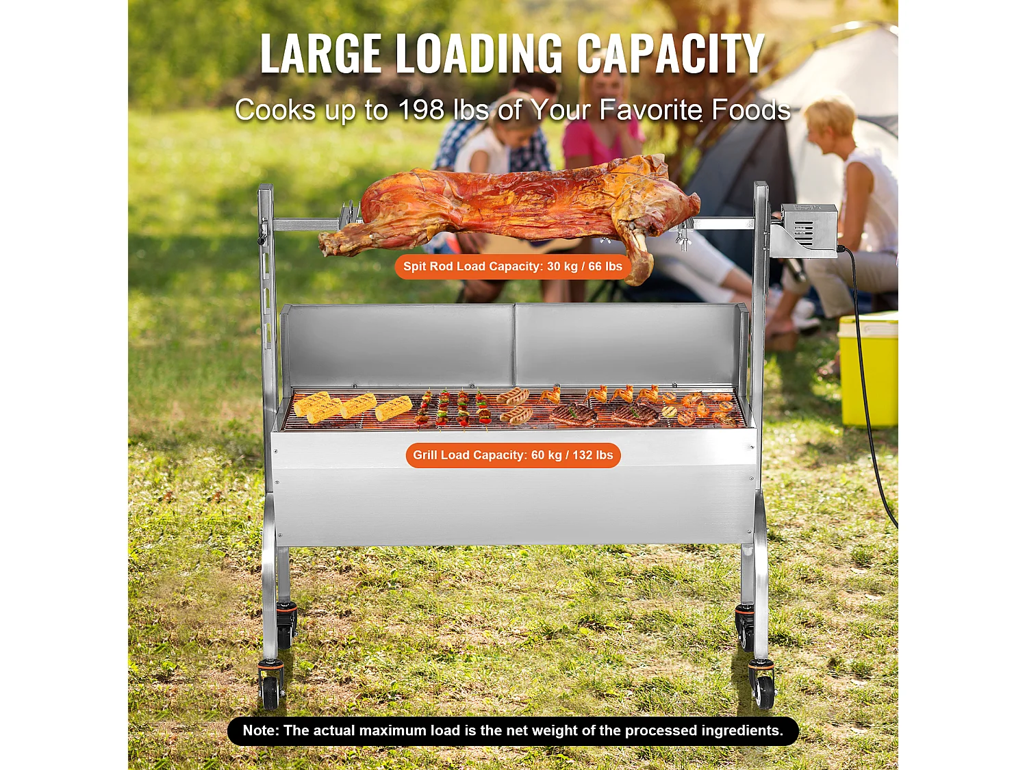 Drehbratengrill SucceBuy Roaster Spit 52W, Schwein, Lamm, Huhn, 90kg, Edelstahl-Bratpfanne mit Feststellbaren Rädern