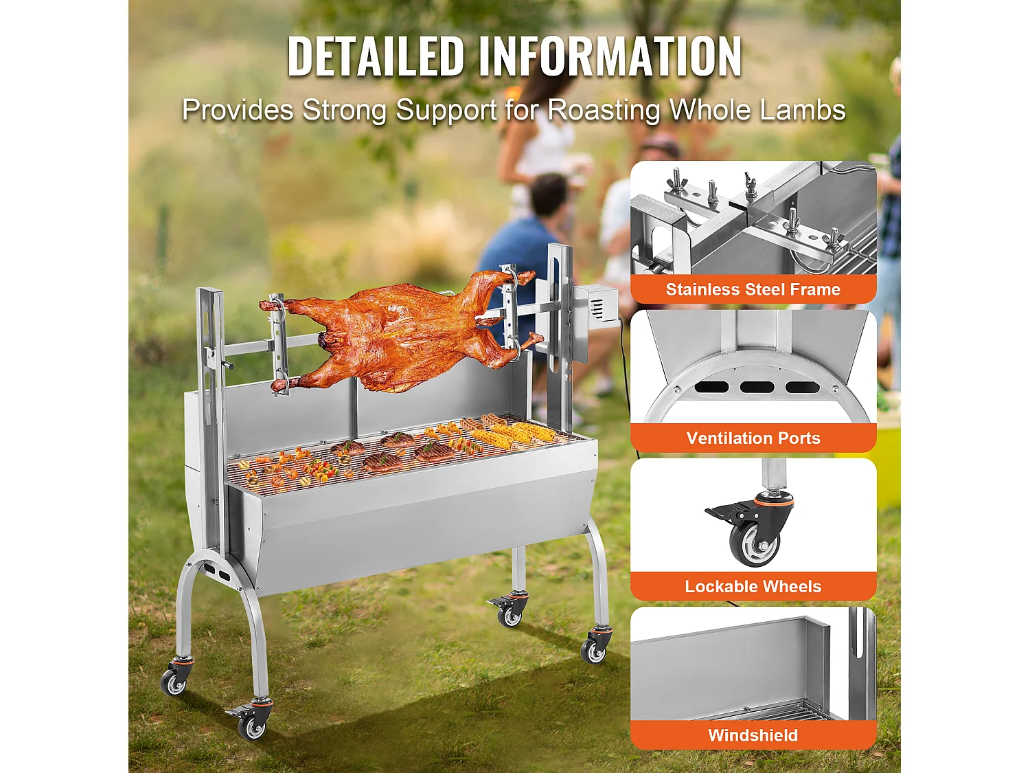 Drehbratengrill SucceBuy Roaster Spit 52W, Schwein, Lamm, Huhn, 90kg, Edelstahl-Bratpfanne mit Feststellbaren Rädern