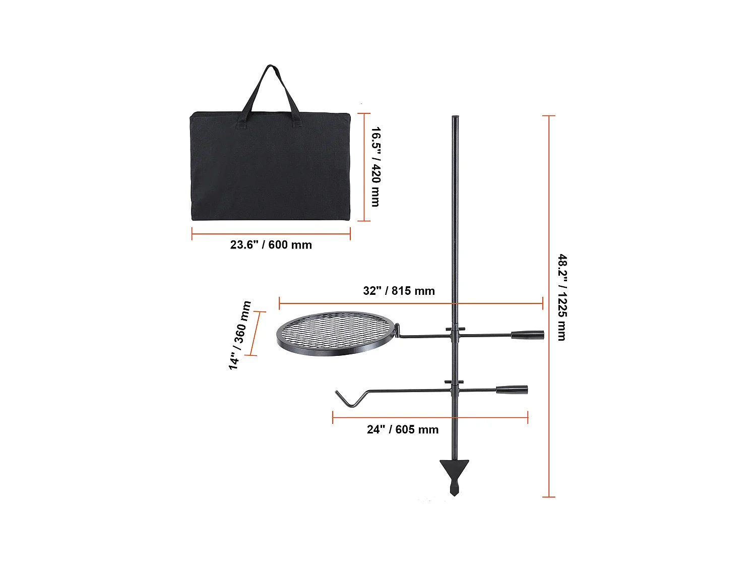 Grill, SucceBuy Rotierender Campinggrill, Robuster Stahl, Verstellbarer Grillrost für offenes Feuer, Outdoor