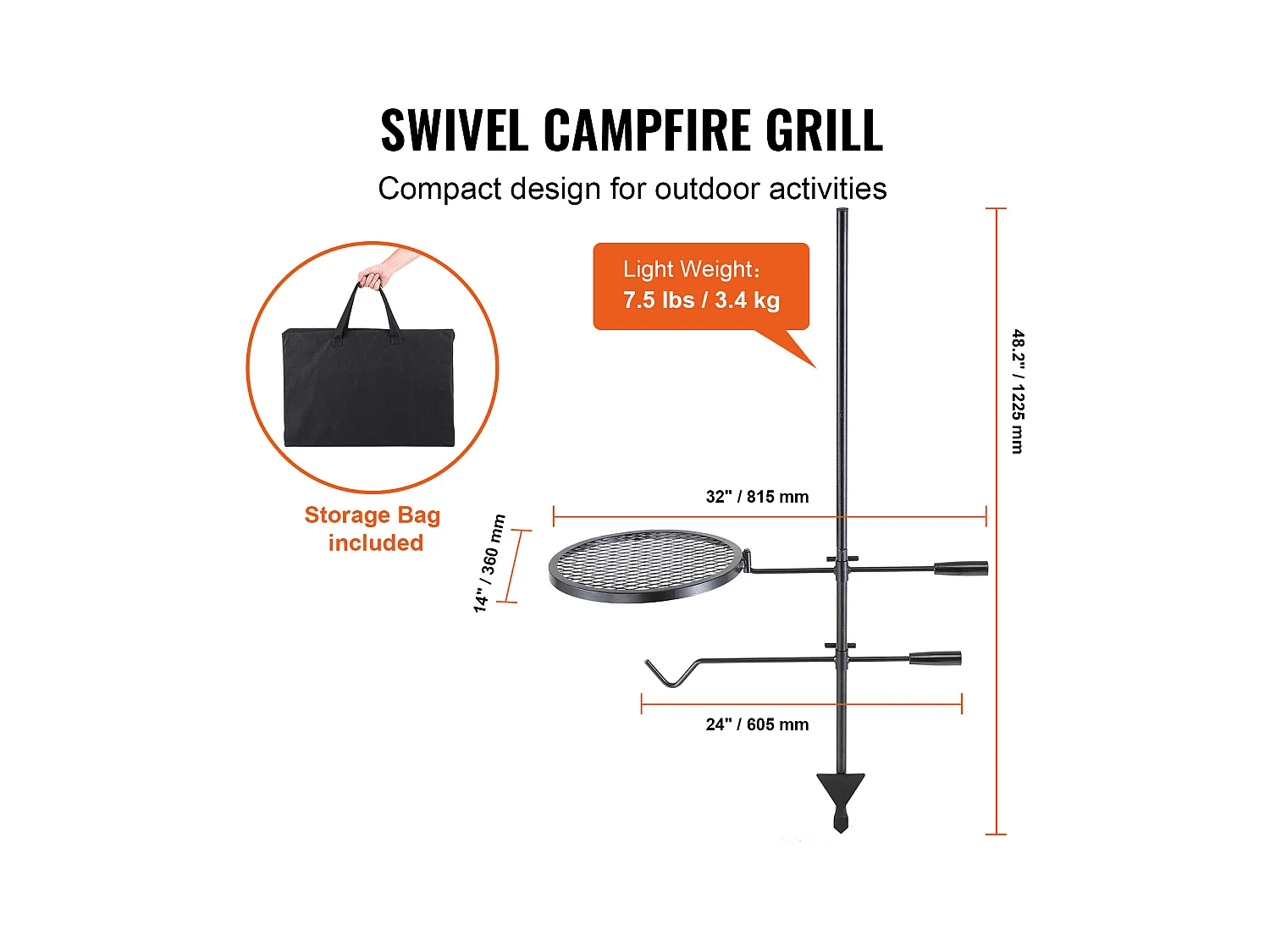 Grill, SucceBuy Rotierender Campinggrill, Robuster Stahl, Verstellbarer Grillrost für offenes Feuer, Outdoor