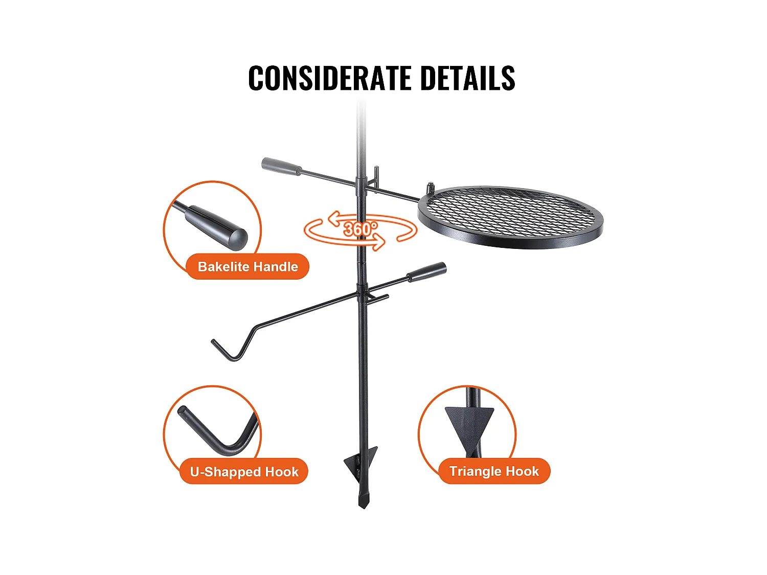 Grill, SucceBuy Rotierender Campinggrill, Robuster Stahl, Verstellbarer Grillrost für offenes Feuer, Outdoor