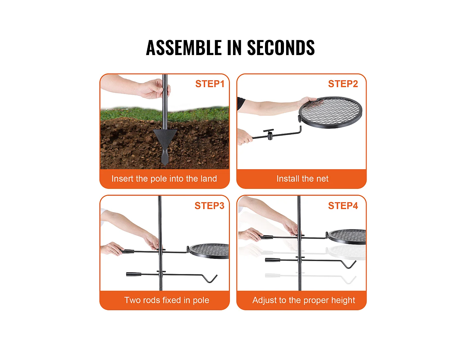 Grill, SucceBuy Rotierender Campinggrill, Robuster Stahl, Verstellbarer Grillrost für offenes Feuer, Outdoor