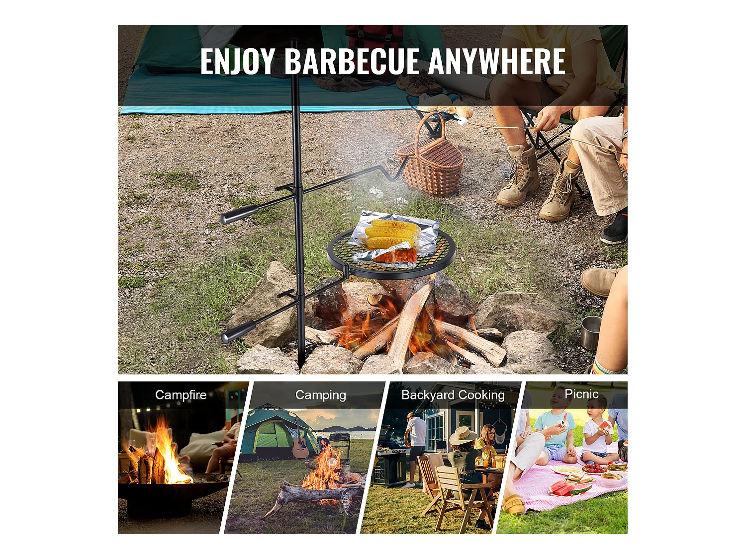 Grill, SucceBuy Rotierender Campinggrill, Robuster Stahl, Verstellbarer Grillrost für offenes Feuer, Outdoor