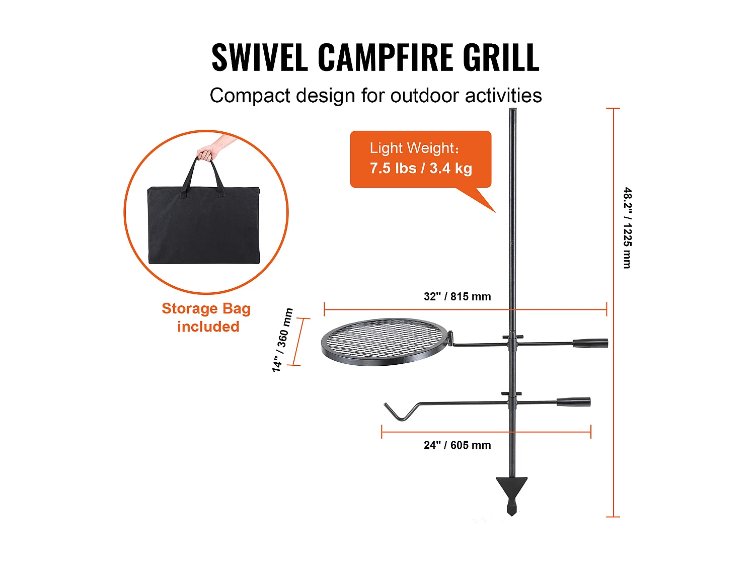 Churrasqueira, SucceBuy Churrasqueira Giratória para Acampamento, Aço Reforçado, Grelha Ajustável para Lareira, Exterior