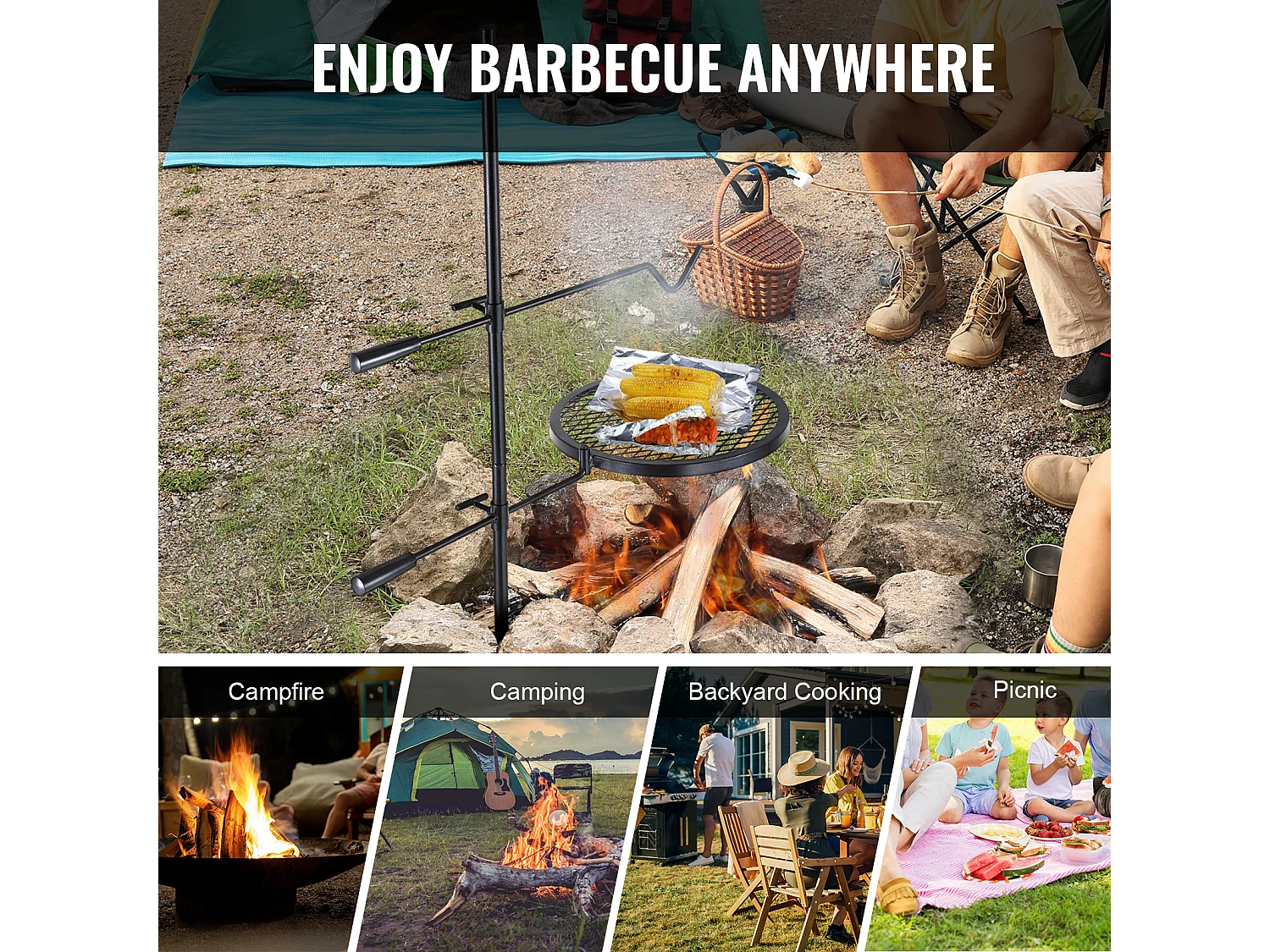 Churrasqueira, SucceBuy Churrasqueira Giratória para Acampamento, Aço Reforçado, Grelha Ajustável para Lareira, Exterior