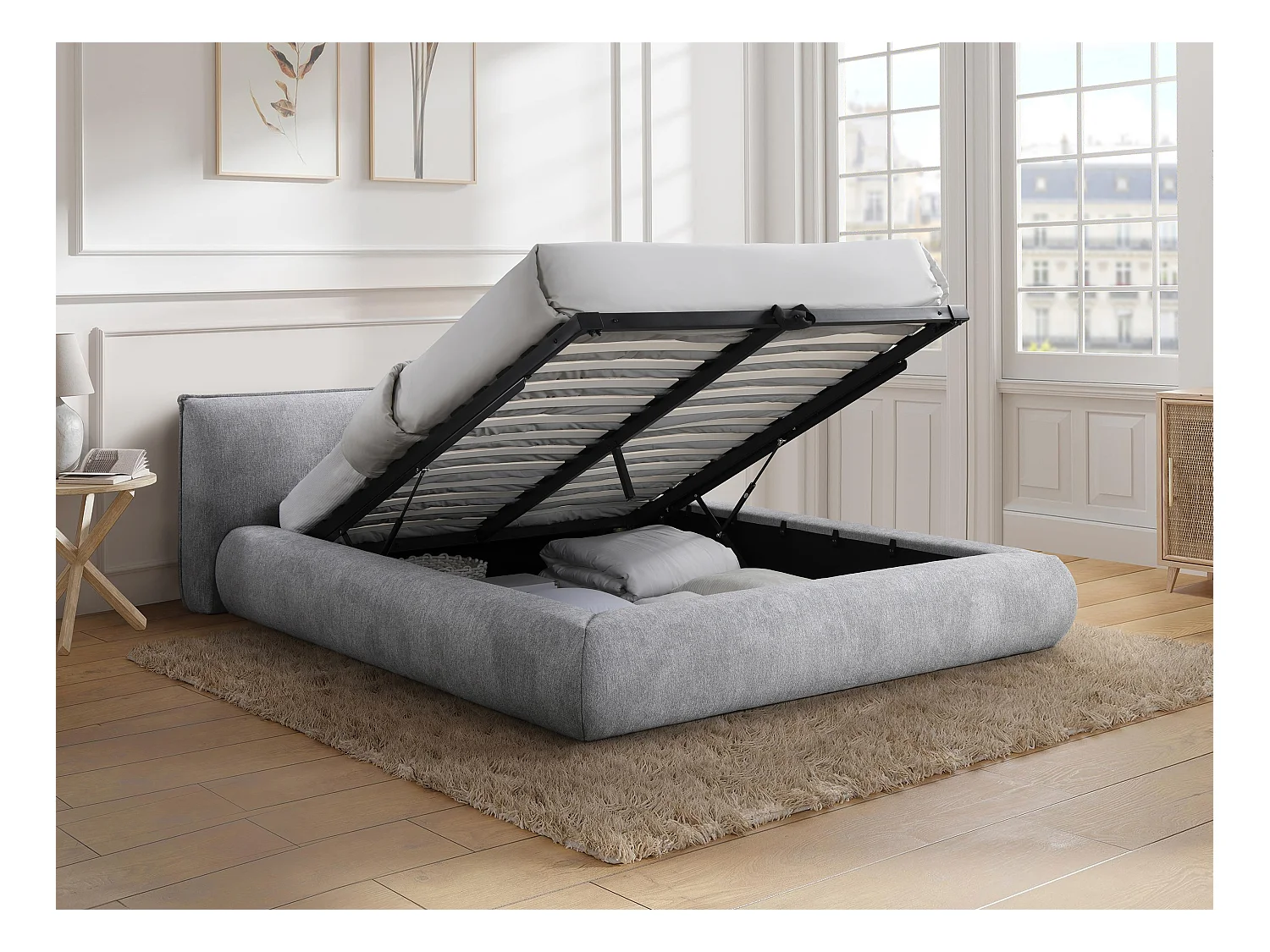 Lit coffre 160 x 200 cm - Tissu - Gris clair + Matelas - MIRSIO