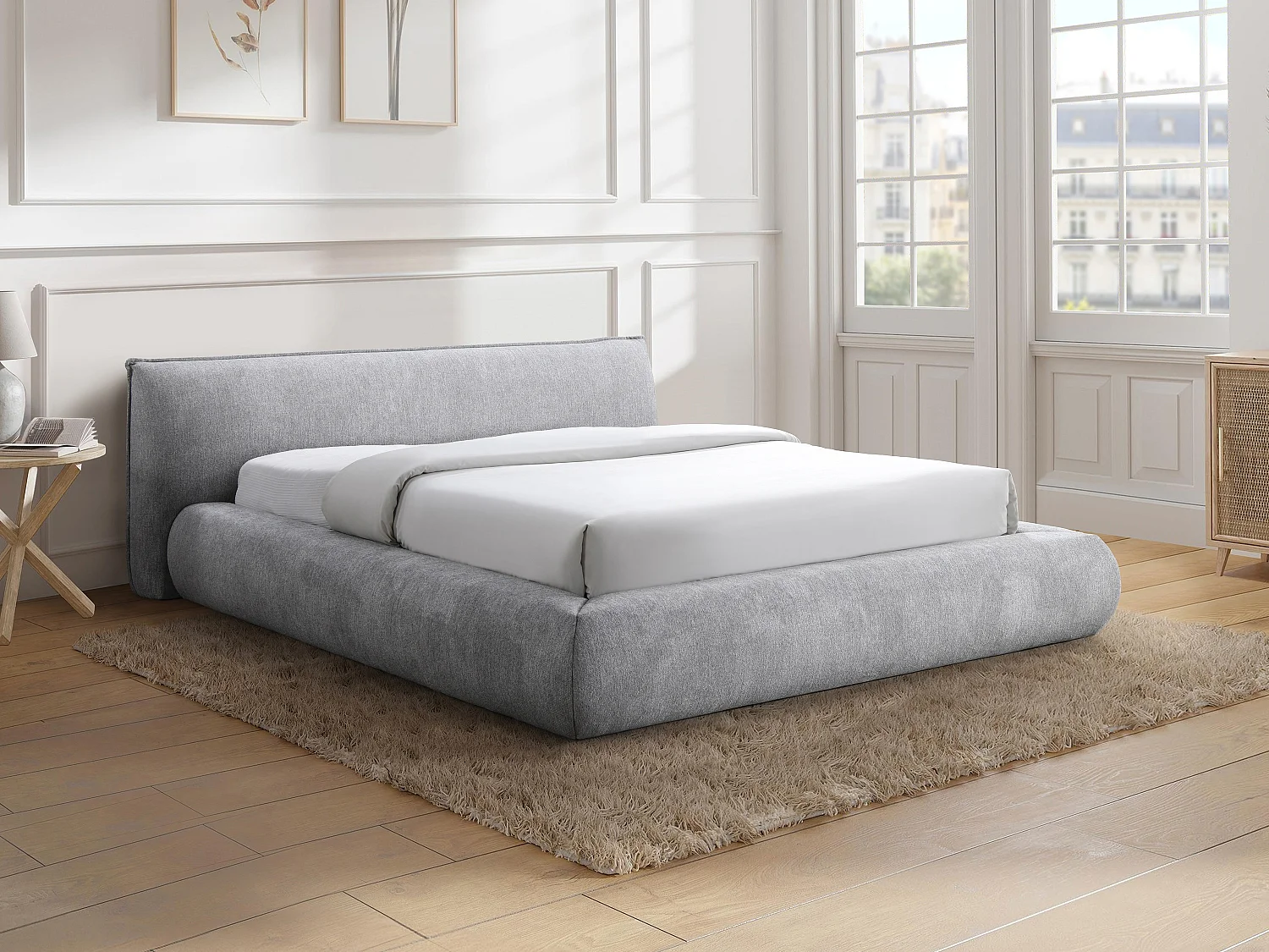 Lit coffre 160 x 200 cm - Tissu - Gris clair + Matelas - MIRSIO