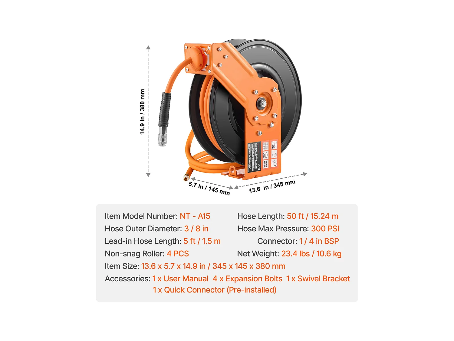Bęben na Wąż, SucceBuy 9,5 mm × 15,24 m 300 PSI Zgiwny Wąż Pneumatyczny z 1,5 m Wejściem