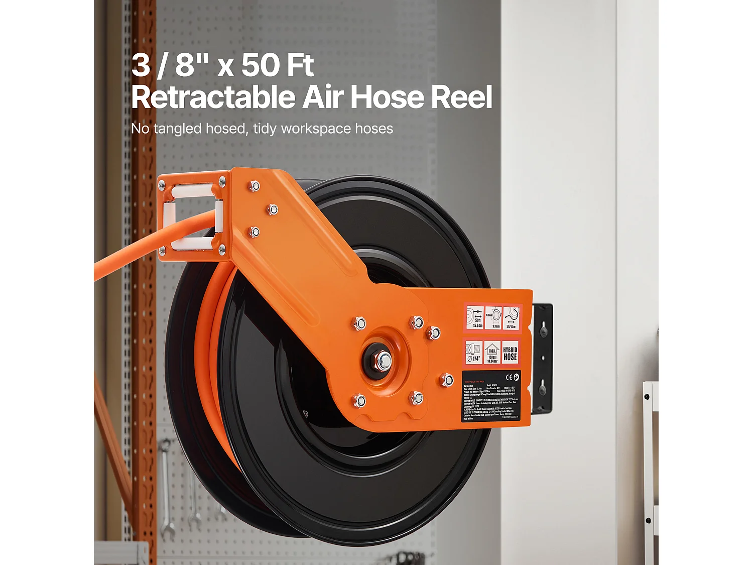 Dévidoir, SucceBuy Enrouleur de Tuyau d'Air 9,5 mm × 15,24 m 300 PSI Rétractable avec Entrée de 1,5 m