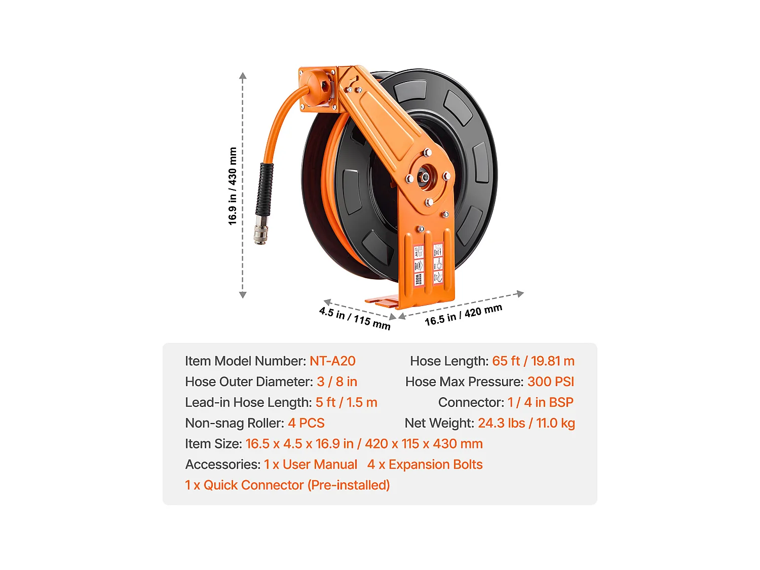 Dévidoir, SucceBuy Enrouleur de Tuyau d'Air 9,5 mm × 19,81 m 300 PSI Rétractable avec Entrée de 1,5 m