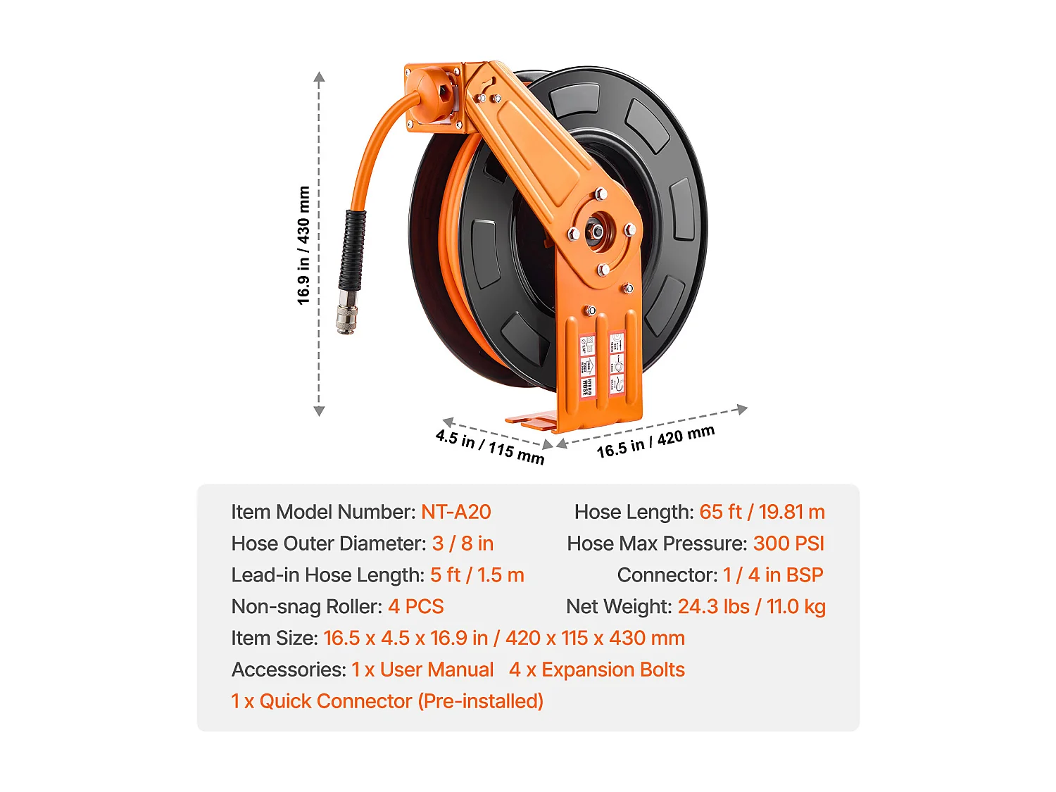 Dévidoir, SucceBuy Enrouleur de Tuyau d'Air 9,5 mm × 19,81 m 300 PSI Rétractable avec Entrée de 1,5 m