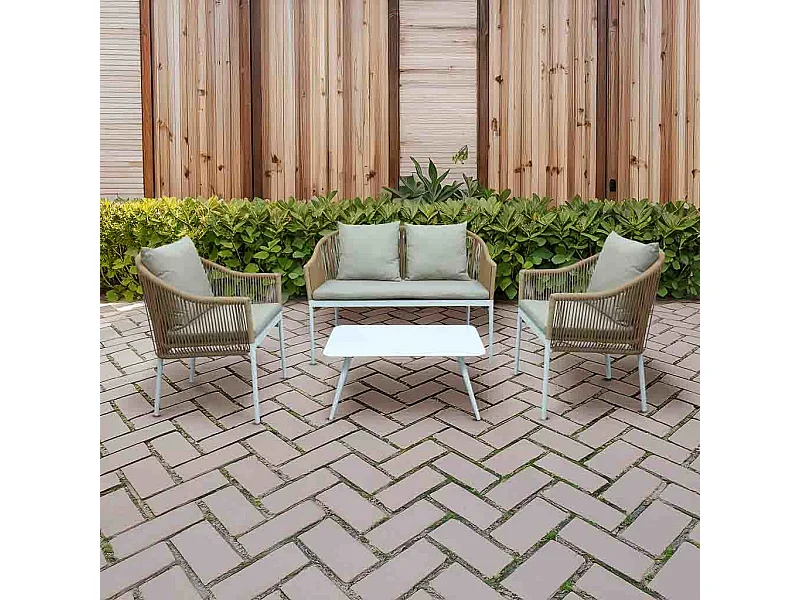 Conjunto de mesa, sofá e 2 cadeirões bege