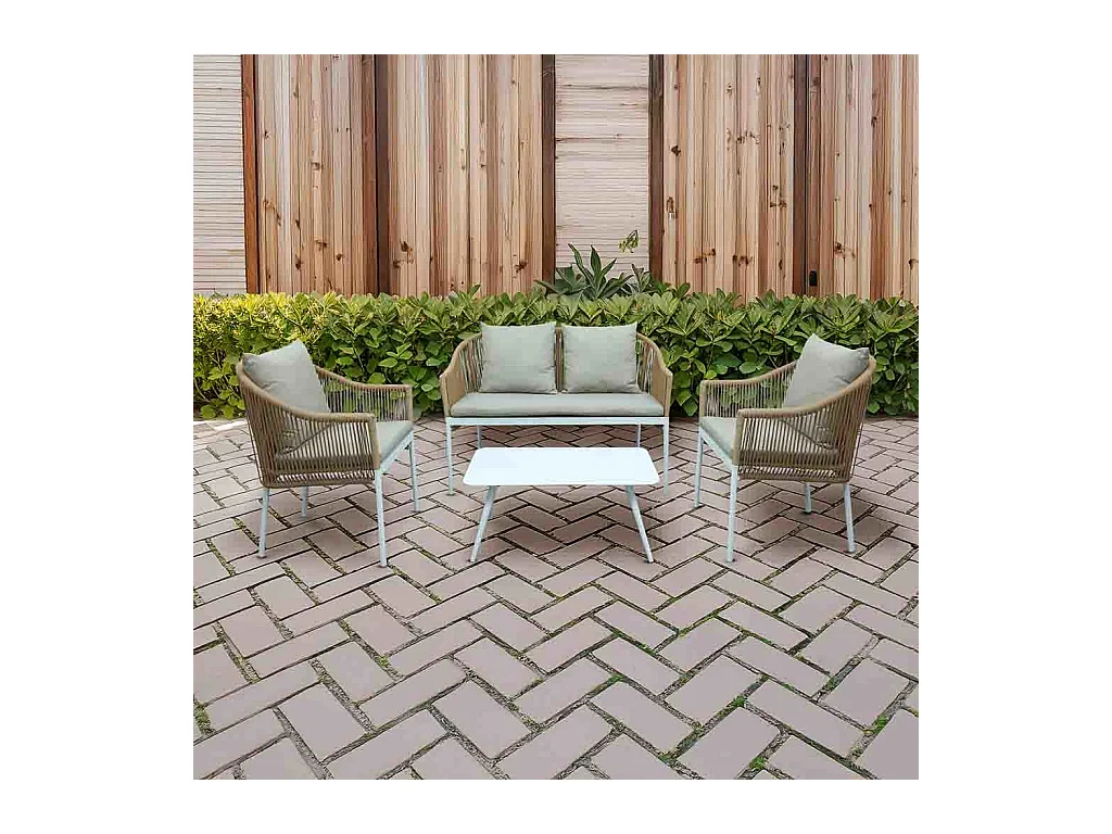 Table, canapé et 2 fauteuils beige 90x50x40, 58x65x84, 117x65x84