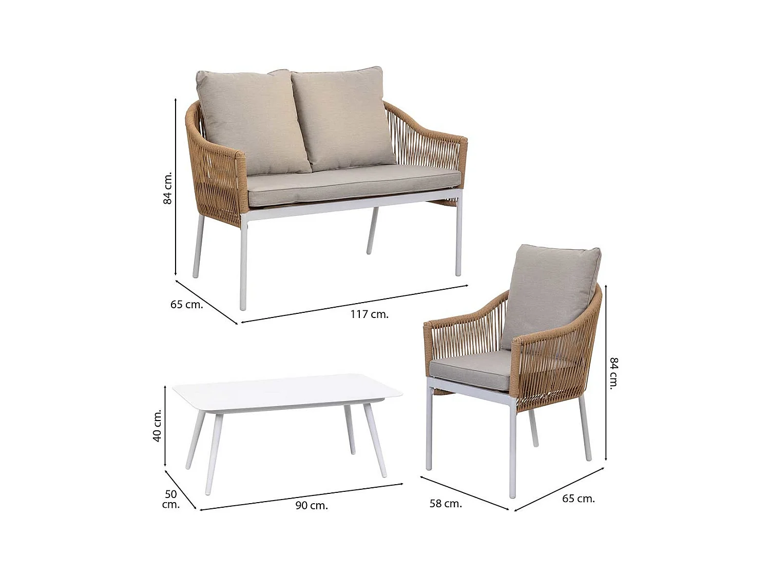 Table, canapé et 2 fauteuils beige 90x50x40, 58x65x84, 117x65x84