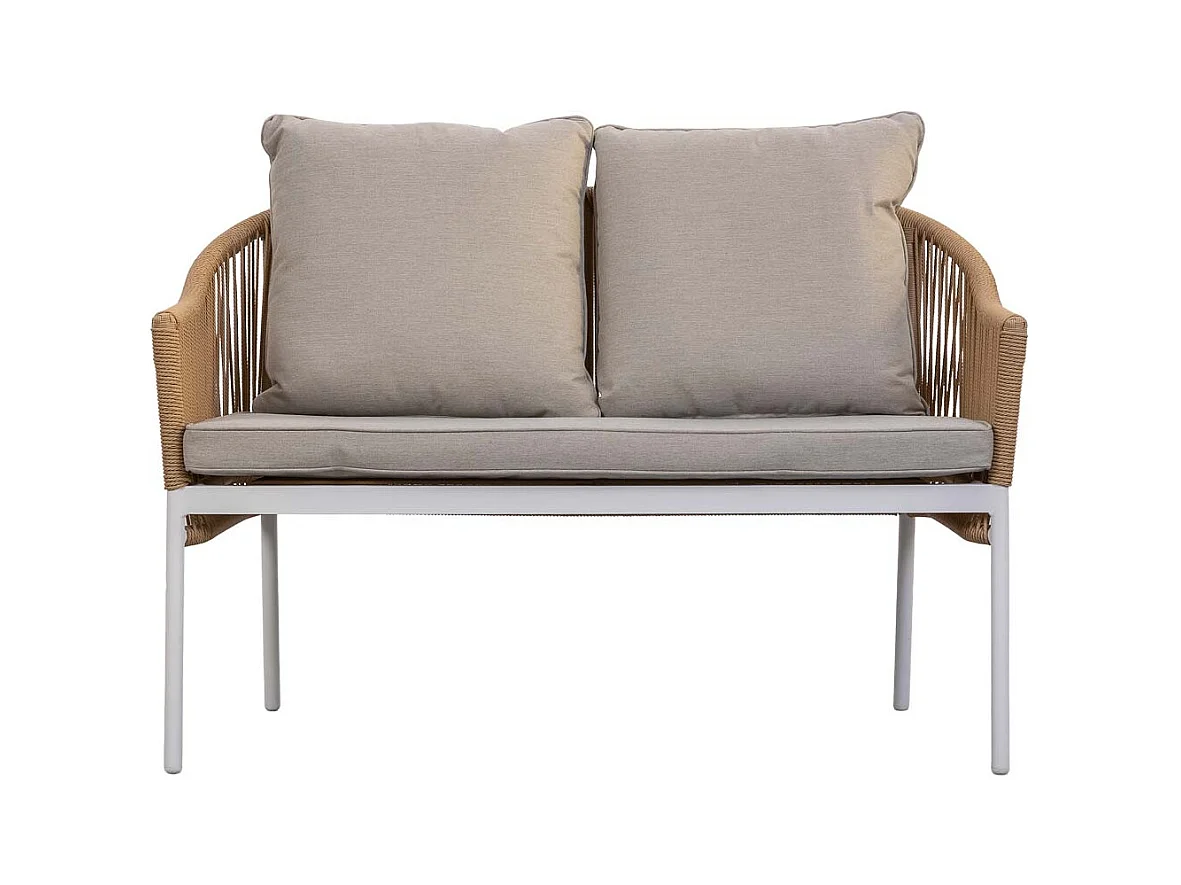 Table, canapé et 2 fauteuils beige 90x50x40, 58x65x84, 117x65x84