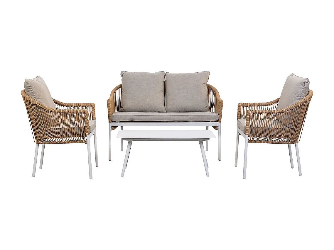 Conjunto de mesa, sofá e 2 cadeirões bege