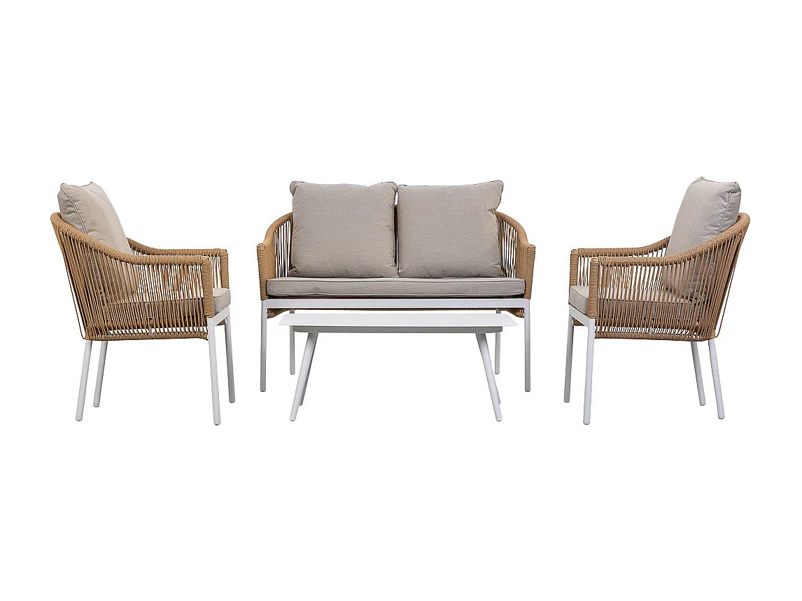 Conjunto de mesa, sofá e 2 cadeirões bege