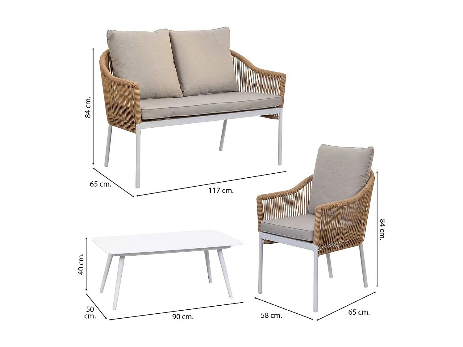 Conjunto de mesa, sofá e 2 cadeirões bege