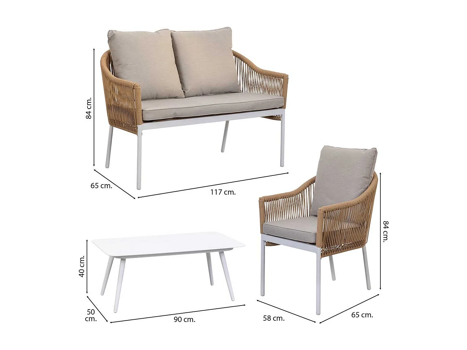 Set aus Tisch, Sofa und 2 Sesseln 90x50x40, 58x65x84, 117x65x84 Beige