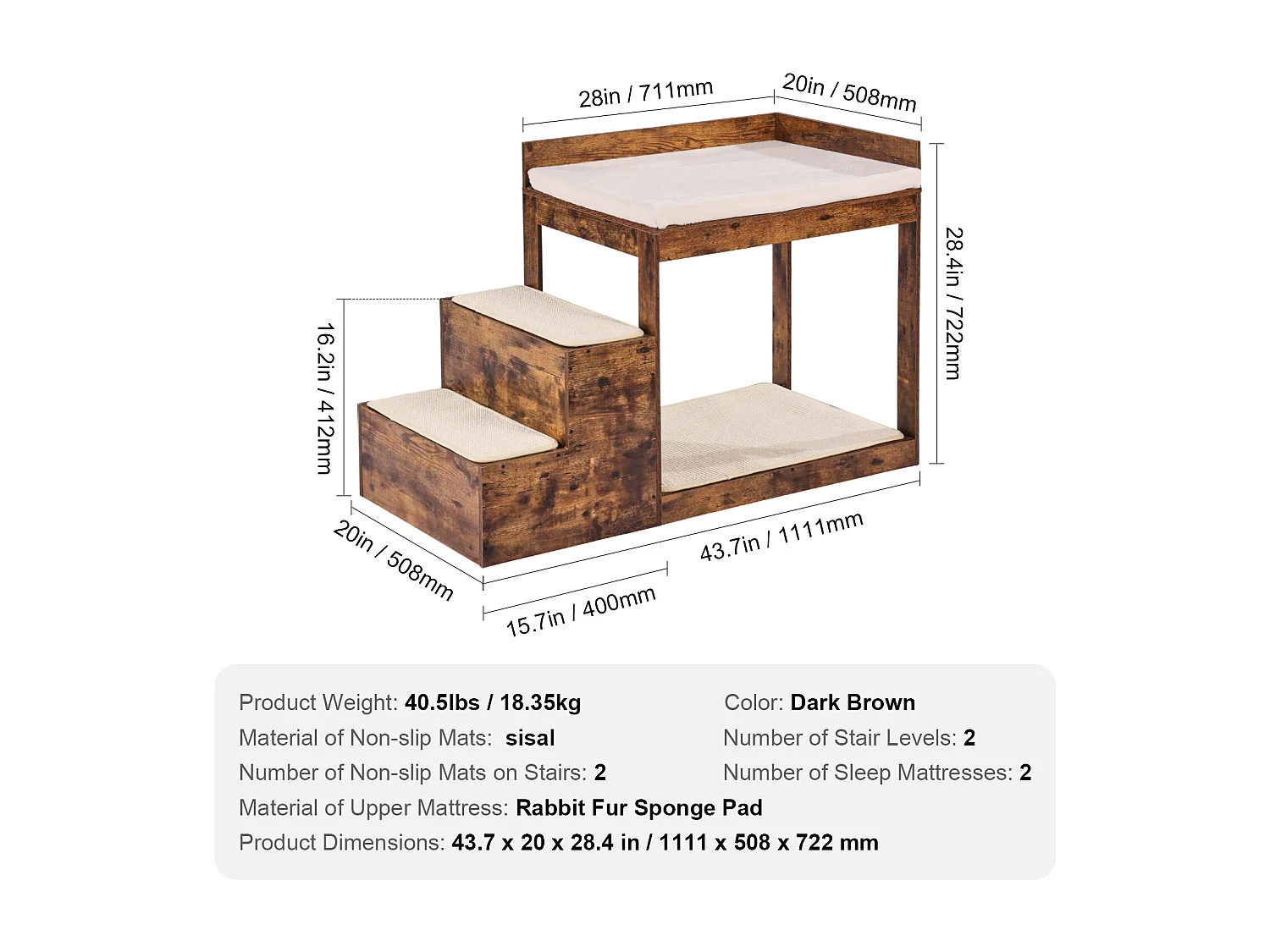 Lit Superposé pour Animaux SucceBuy, avec Escaliers, Perchoir de Fenêtre, Canapé-Lit Moyen, Marron