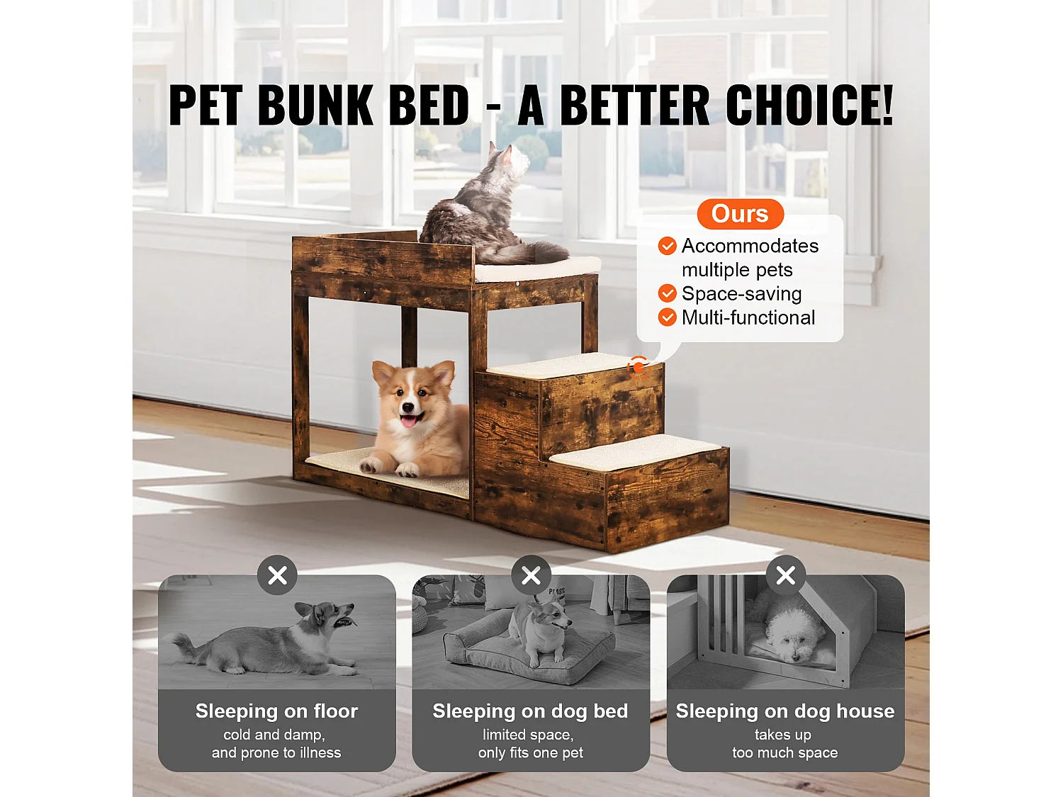 Lit Superposé pour Animaux SucceBuy, avec Escaliers, Perchoir de Fenêtre, Canapé-Lit Moyen, Marron