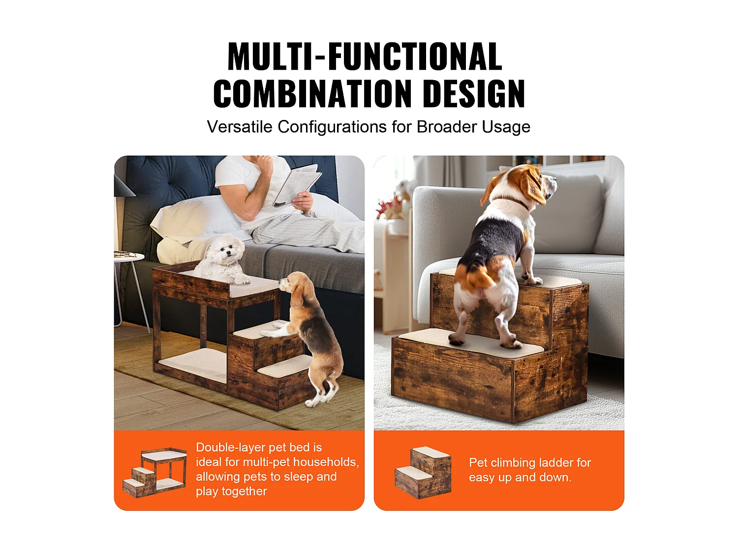 Lit Superposé pour Animaux SucceBuy, avec Escaliers, Perchoir de Fenêtre, Canapé-Lit Moyen, Marron