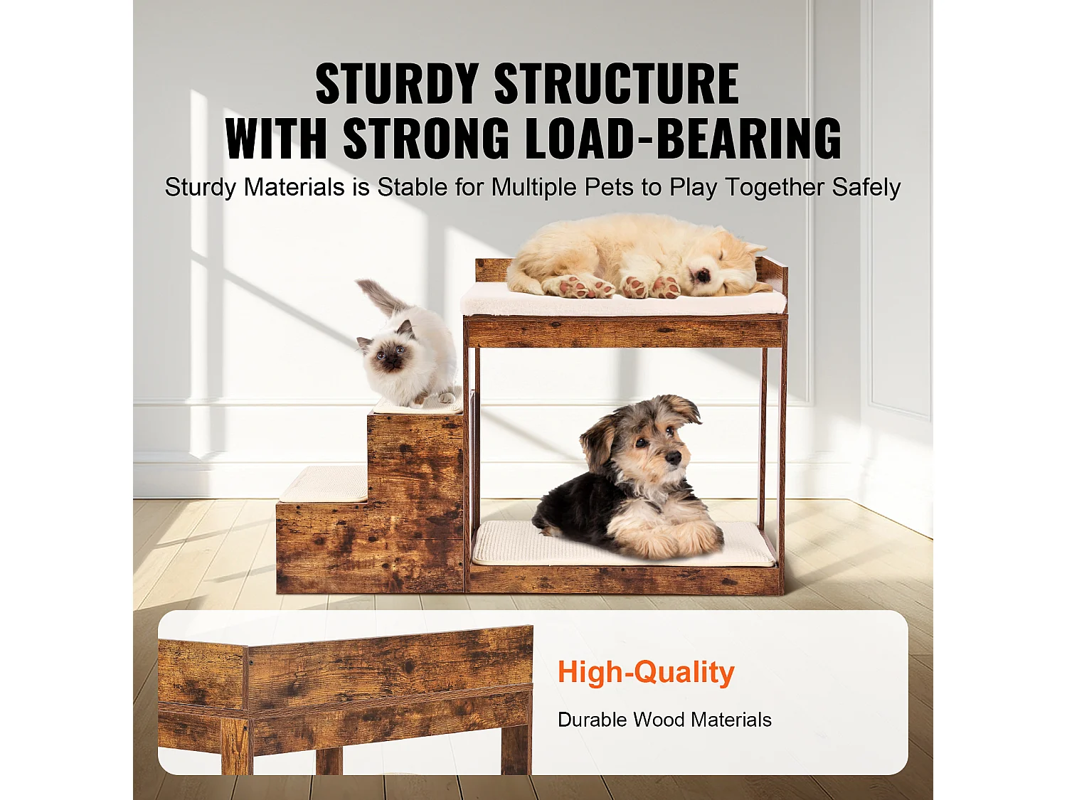 Lit Superposé pour Animaux SucceBuy, avec Escaliers, Perchoir de Fenêtre, Canapé-Lit Moyen, Marron