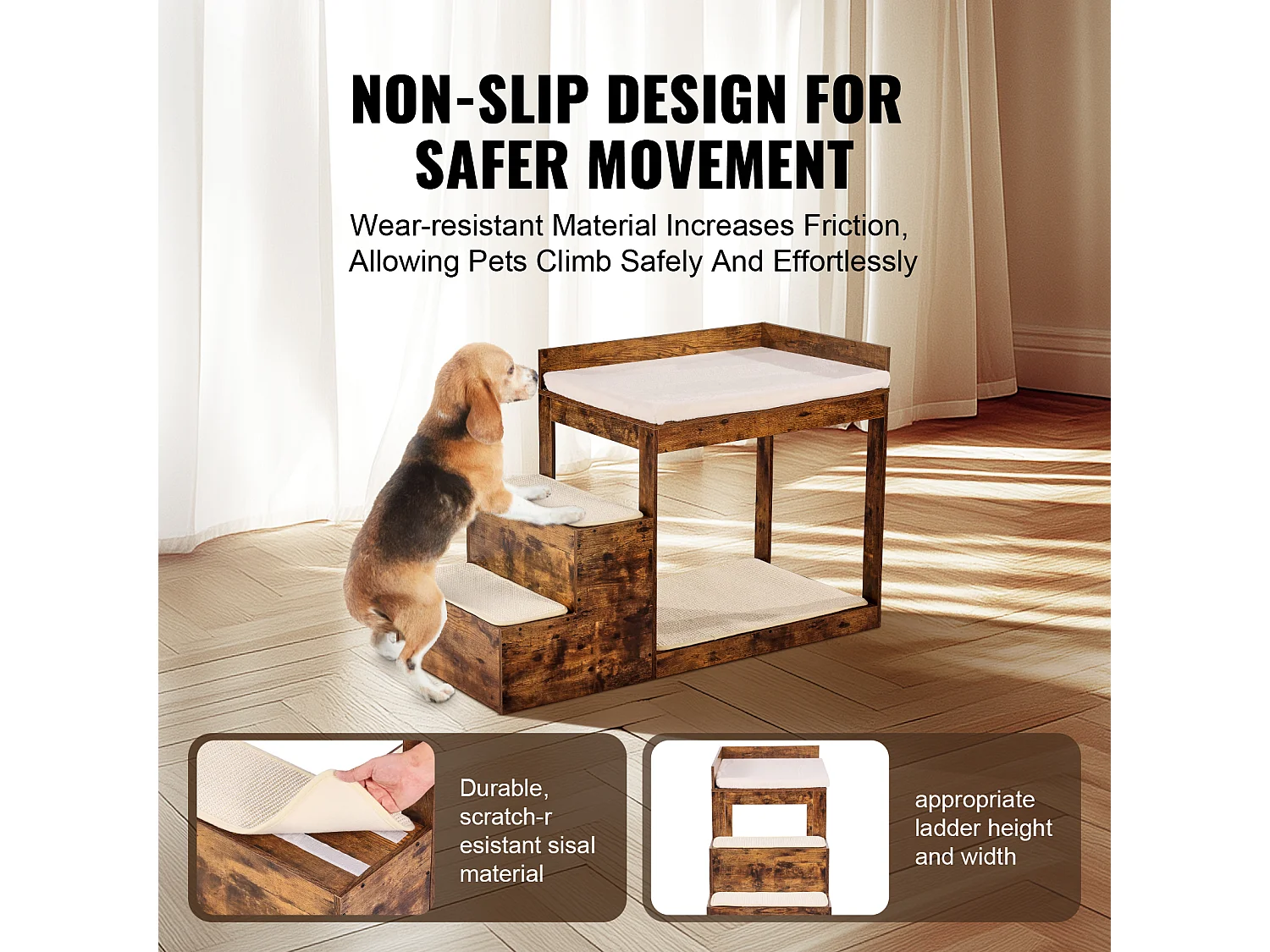 Lit Superposé pour Animaux SucceBuy, avec Escaliers, Perchoir de Fenêtre, Canapé-Lit Moyen, Marron