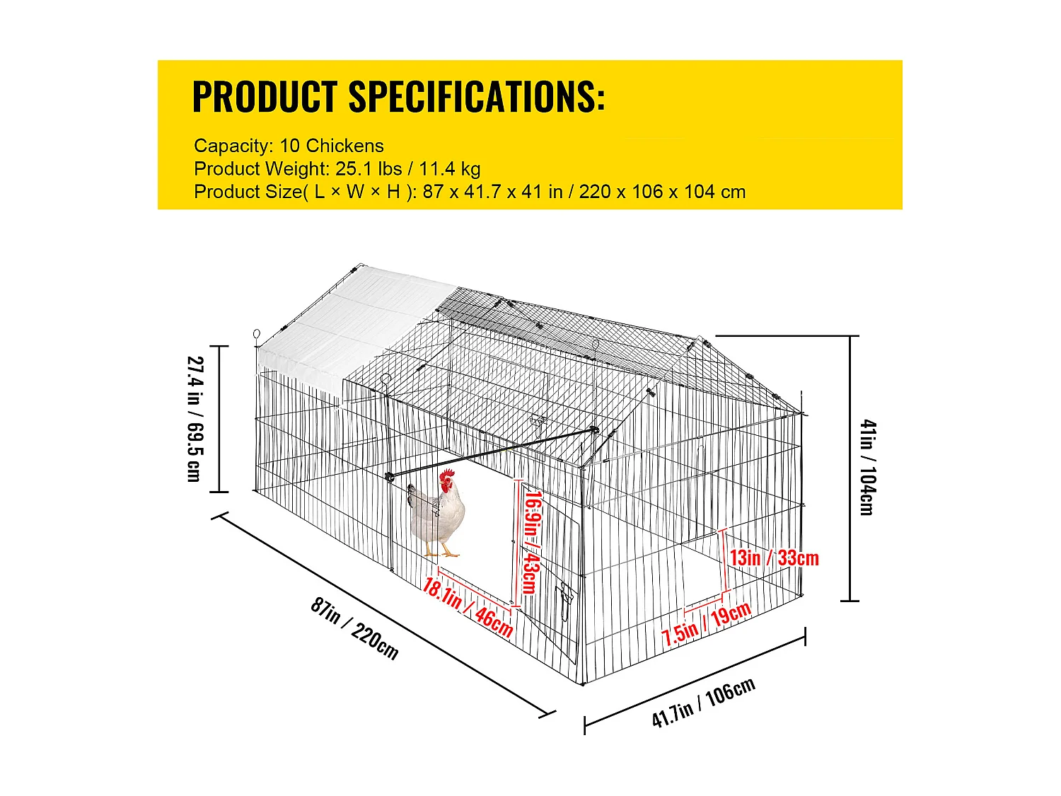 Poulailler, SucceBuy Poulailler 220 × 106 × 104 cm, Cage en Métal, Parc pour Petits Animaux