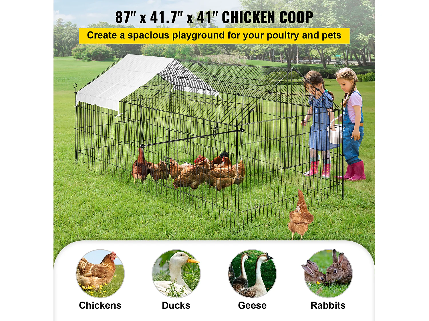 Poulailler, SucceBuy Poulailler 220 × 106 × 104 cm, Cage en Métal, Parc pour Petits Animaux