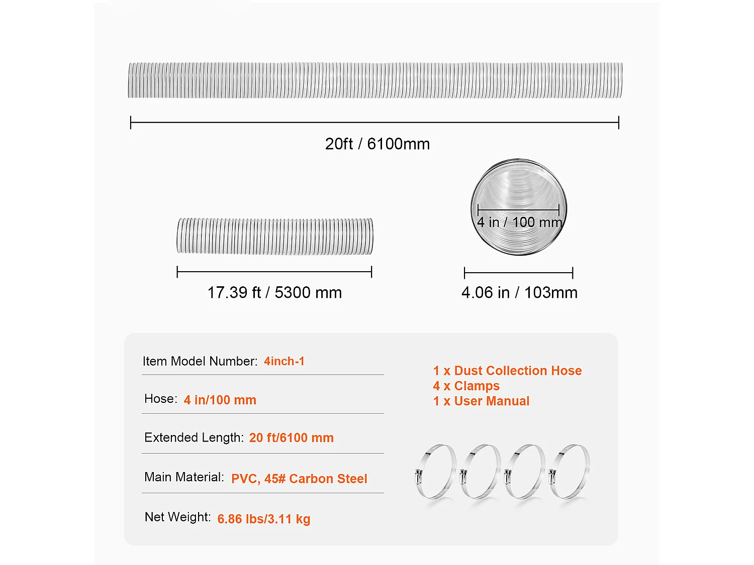 Tuyau d'Arrosage, SucceBuy Tube Collecteur de Poussière 10 cm x 610 cm, PVC Flexible, Résistant aux Piqûres, Transparent